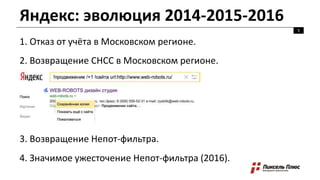 Яндекс: эволюция 2014-2015-2016
5
1. Отказ от учёта в Московском регионе.
2. Возвращение СНСС в Московском регионе.
4. Значимое ужесточение Непот-фильтра (2016).
3. Возвращение Непот-фильтра.
 