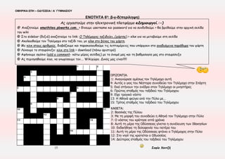 ΟΜΗΡΙΚΑ ΕΠΗ – ΟΔΥΣΣΕΙΑ / Α΄ ΓΥΜΝΑΣΙΟΥ
15 Σοφία Χαντζή
ΕΝΟΤΗΤΑ 6η
: β-γ-δ(περίληψη)
Ας εργαστούμε στην ηλεκτρονική πλατφόρμα eΔημιουργοί.:-)
@ Αναζητούμε emathites.pbworks.com. > δίνουμε username και password για να συνδεθούμε > θα βρεθούμε στην αρχική σελίδα
του wiki
@ Στο sidebar (δεξιά) αναζητούμε το link: Ο Τηλέμαχος ταξιδεύει…(χάρτης) > κλικ για να μεταβούμε στη σελίδα
@ Ακολουθούμε τον Τηλέμαχο στο ταξίδι του, με κλικ στο βέλος του χάρτη.
@ Με κλικ στους αριθμούς, διαβάζουμε και παρακολουθούμε τις λεπτομέρειες που υπάρχουν στα αναδυόμενα παράθυρα του χάρτη
@ Λύνουμε το σταυρόλεξο: κλικ στο link > download (πάνω αριστερά)
@ Αφήνουμε σχόλιο (add a comment- κάτω μέρος σελίδας) με το όνομά μας και τη βαθμολογία μας στο σταυρόλεξο
@ Ας περιηγηθούμε λίγο, να γνωρίσουμε τον…. Wikiχώρο. Δικός μας είναι!!!!!
ΟΡΙΖΟΝΤΙΑ:
1: Αναγνώρισε αμέσως τον Τηλέμαχο αυτή
4: Αυτός ο γιος του Νέστορα συνοδεύει τον Τηλέμαχο στην Σπάρτη
5: Εκεί στήνουν την ενέδρα στον Τηλέμαχο οι μνηστήρες
6: Πρώτος σταθμός του ταξιδιού του Τηλέμαχου
9: Είχε τραγικό νόστο
13: Η Αθηνά φεύγει από την Πύλο με…
15: Τρίτος σταθμός του ταξιδιού του Τηλέμαχου
ΚΑΘΕΤΑ:
2: Βασιλιάς της Πύλου
3: Με τη μορφή του συνοδεύει η Αθηνά τον Τηλέμαχο στην Πύλο
7: Ο νόστος του κράτησε επτά χρόνια
8: Αυτή τη μέρα της Οδύσσειας γίνεται η συνέλευση των Ιθακησίων
10: Εκδικήθηκε τη δολοφονία του πατέρα του
11: Αυτή τη μέρα της Οδύσσειας φτάνει ο Τηλέμαχος στην Πύλο
12: Στο νησί της κρατείται ο Οδυσσέας
14: Δεύτερος σταθμός του ταξιδιού του Τηλέμαχου
 