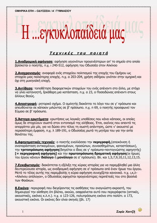 ΟΜΗΡΙΚΑ ΕΠΗ – ΟΔΥΣΣΕΙΑ / Α΄ ΓΥΜΝΑΣΙΟΥ
1 Σοφία Χαντζή
Τ ε χ ν ι κ έ ς τ ο υ π ο ι η τ ή
1.Αναδρομική αφήγηση: αφήγηση γεγονότων προγενέστερων απ’ το σημείο στο οποίο
βρίσκεται ο ποιητής. π.χ. ι 240-512, αφήγηση του Οδυσσέα στον Αλκίνοο
2.Αναχρονισμός: αναφορά ενός στοιχείου πολιτισμού της εποχής του Ομήρου ως
στοιχείο μιας παλιότερης εποχής. π.χ. α 203-204, χρήση σιδήρου γινόταν στην ομηρική και
όχι στη μυκηναϊκή εποχή.
3.Αντίθεση: τοποθέτηση διαφορετικών στοιχείων του ενός απέναντι στο άλλο, με στόχο
να γίνει κατανοητή, ξεκάθαρη μια κατάσταση. π.χ. α 23, ο Ποσειδώνας απέναντι στους
άλλους θεούς.
4.Αποστροφή: ρητορικό σχήμα. Ο ομιλητής διακόπτει το λόγο του σε γ’ πρόσωπο και
απευθύνεται σε κάποιον μιλώντας σε β’ πρόσωπο. π.χ. π 69, ο ποιητής προσφωνεί τον
Εύμαιο σε β’ πρόσωπο.
5.Άστοχα ερωτήματα: ερωτήσεις ως λογικές υποθέσεις που κάνει κάποιος, οι οποίες
όμως δε στοχεύουν σωστά στον εντοπισμό της αλήθειας. Έτσι, εκείνος που απαντά τις
απορρίπτει μία μία, για να δώσει στο τέλος τη σωστή απάντηση, ώστε ν’ ακουστεί με
περισσότερη έμφαση. π.χ. λ 189-191, ο Οδυσσέας ρωτά τη μητέρα του για την αιτία
θανάτου της.
6.Αφηγηματικές τεχνικές: ο ποιητής εναλλάσσει την περιγραφή,(απεικόνιση ή
αναπαράσταση αντικειμένων, φαινομένων, προσώπων, συναισθημάτων, καταστάσεων),
την τριτοπρόσωπη αφήγηση(διηγείται ο ίδιος σε γ’ πρόσωπο-παντογνώστης αφηγητής)
[= περιγραφική αφήγηση] και την πρωτοπρόσωπη δραματική αφήγηση(οι ήρωες
του έργου κάνουν διάλογο ή μονόλογο σε α’ πρόσωπο). Βλ. και 1,5,7,9,10,11,12,13,15.
7.Εγκιβωτισμός: διακόπτεται η εξέλιξη της κύριας ιστορίας για να παρεμβληθεί μια άλλη
δευτερεύουσα ιστορία, ως αναδρομική αφήγηση σε α’ πρόσωπο από έναν ήρωα του έργου.
Μετά το τέλος αυτής της παρεμβολής η κύρια αφήγηση συνεχίζεται κανονικά. π.χ. ι,κ,λ-
«Αλκίνου απόλογοι», ο Οδυσσέας αφηγείται προγενέστερες περιπέτειές του στο βασιλιά
των Φαιάκων.
8.Εικόνα: περιγραφή που διεγείροντας τις αισθήσεις του αναγνώστη-ακροατή, του
δημιουργεί την αίσθηση ότι βλέπει, ακούει, οσφραίνεται αυτό που περιγράφεται (οπτικές,
ακουστικές, εικόνες κ.λ.π.). π.χ. α 123-126, πολυπρόσωπη εικόνα στο παλάτι. α 173,
ακουστική εικόνα. Οι εικόνες δεν είναι σκηνές (βλ. 17)
 