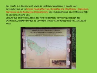 Και επειδή ό,τι βλέπεις από κοντά το μαθαίνεις καλύτερα, η ομάδα μας
συνεργάστηκε με το Κέντρο Περιβαλλοντικής Εκπαίδευσης Ελευθερίου -Κορδελιού,
Βερτίσκου και το Δασαρχείο Θεσσαλονίκης και επισκεφθήκαμε στις 10 Μαΐου 2017
το δάσος της πόλης μας.
Ξεκινήσαμε από το εκκλησάκι του Αγίου Βασιλείου κοντά στην περιοχή του
Φιλίππειου, ακολουθήσαμε το μονοπάτι Μ4 με τελικό προορισμό τον Ζωολογικό
Κήπο
 