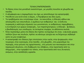 ΤΕΛΙΚΑ ΣΥΜΠΕΡΑΣΜΑΤΑ
• Το δάσος είναι ένα μοναδικό οικοσύστημα , με μεγάλη ποικιλία σε χλωρίδα και
πανίδα.
• Η αδιαφορία και η παραμέληση του έχει ως αποτέλεσμα την καταστροφή.
• Υπεύθυνοι για αυτό είναι ο Δήμος , η Περιφέρεια και όλοι εμείς.
• Τα προβλήματα που εντοπίσαμε είναι : τα σκουπίδια, η έλλειψη κάδων και
αποκομιδής των σκουπιδιών, η αμέλεια των ανθρώπων και ο κίνδυνος
πυρκαγιάς,η καλύτερη σήμανση των μονοπατιών, οι ανθρώπινες παρεμβάσεις,
η συντήρηση των χώρων αναψυχής , των παρατηρητηρίων, η έλλειψη φυλάκων,
ο βανδαλισμός των υποδομών, τα πεταμένα τσιγάρα, τα αδέσποτα σκυλιά.
• Όταν περπατάμε μέσα στο δάσος δεν πρέπει να ξεχνάμε ότι είναι ο φυσικός χώρος
πολλών ζώων και πουλιών, πρέπει να κάνουμε ησυχία και να δείχνουμε σεβασμό
ώστε να μην ενοχλούμε.
• Η καταστροφή του δάσους έχει επιπτώσεις στην υγεία, στην ψυχαγωγία, στον
τουρισμό, στην οικονομία, στην πανίδα , στη χλωρίδα , στο μικροκλίμα της
περιοχής, στην μείωση της ηχορύπανσης , στη μείωση των καυσαερίων και στην
παραγωγή οξυγόνου, στη διάβρωση του εδάφους, στην προστασία από τις
πλημμύρες , στην ομορφιά του τόπου, στην προστασία από τους δυνατούς
ανέμους, στην κατάλληλη υγρασία.
 