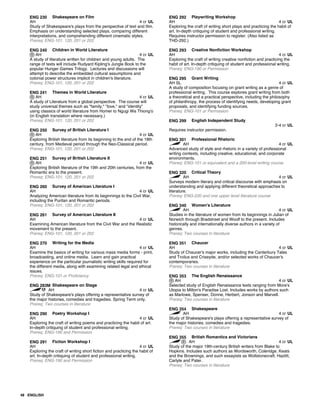 ENG 230 Shakespeare on Film
AH 4 cr UL
Study of Shakespeare's plays from the perspective of text and film.
Emphasis on understanding selected plays, comparing different
interpretations, and comprehending different cinematic styles.
Prereq: ENG-101, 120, 201 or 202
ENG 240 Children in World Literature
AH 4 cr UL
A study of literature written for children and young adults. The
range of texts will include Rudyard Kipling's Jungle Book to the
popular Hunger Games Trilogy. Lectures and discussions will
attempt to describe the embedded cultural assumptions and
colonial power structures implicit in children's literature.
Prereq: ENG-101, 120, 201 or 202
ENG 241 Themes in World Literature
AH 4 cr UL
A study of Literature from a global perspective. The course will
study universal themes such as "family," "love," and "identity"
using classics of world literature from Homer to Ngugi Wa Thiong'o
(in English translation where necessary.)
Prereq: ENG-101, 120, 201 or 202
ENG 250 Survey of British Literature I
AH 4 cr UL
Exploring British literature from its beginning to the end of the 18th
century, from Medieval period through the Neo-Classical period.
Prereq: ENG-101, 120, 201 or 202
ENG 251 Survey of British Literature II
AH 4 cr UL
Exploring British literature of the 19th and 20th centuries, from the
Romantic era to the present.
Prereq: ENG-101, 120, 201 or 202
ENG 260 Survey of American Literature I
AH 4 cr UL
Analyzing American literature from its beginnings to the Civil War,
including the Puritan and Romantic periods.
Prereq: ENG-101, 120, 201 or 202
ENG 261 Survey of American Literature II
AH 4 cr UL
Examining American literature from the Civil War and the Realistic
movement to the present.
Prereq: ENG-101, 120, 201 or 202
ENG 270 Writing for the Media
AH 4 cr UL
Examine the basics of writing for various mass media forms - print,
broadcasting, and online media. Learn and gain practical
experience on the particular journalistic writing skills required for
the different media, along with examining related legal and ethical
issues.
Prereq: ENG-101 or Proficiency
ENG 283M Shakespeare on Stage
AH 4 cr UL
Study of Shakespeare's plays offering a representative survey of
the major histories, comedies and tragedies. Spring Term only.
Prereq: Two courses in literature
ENG 290 Poetry Workshop I
AH 4 cr UL
Exploring the craft of writing poems and practicing the habit of art.
In-depth critiquing of student and professional writing.
Prereq: ENG-190 and Permission
ENG 291 Fiction Workshop I
AH 4 cr UL
Exploring the craft of writing short fiction and practicing the habit of
art. In-depth critiquing of student and professional writing.
Prereq: ENG-190 and Permission
ENG 292 Playwriting Workshop
AH 4 cr UL
Exploring the craft of writing short plays and practicing the habit of
art. In-depth critiquing of student and professional writing.
Requires instructor permission to register. (Also listed as
THD-292.)
ENG 293 Creative Nonfiction Workshop
AH 4 cr UL
Exploring the craft of writing creative nonfiction and practicing the
habit of art. In-depth critiquing of student and professional writing.
Prereq: ENG-190 or Permission
ENG 295 Grant Writing
AH SL 4 cr UL
A study of composition focusing on grant writing as a genre of
professional writing. This course explores grant writing from both
a theoretical and a practical perspective, including the philosophy
of philanthropy, the process of identifying needs, developing grant
proposals, and identifying funding sources.
Prereq: ENG-101 or Permission
ENG 299 English Independent Study
2-4 cr UL
Requires instructor permission.
ENG 301 Professional Rhetoric
AH 4 cr UL
Advanced study of style and rhetoric in a variety of professional
writing contexts, including creative, educational, and corporate
environments.
Prereq: ENG-101 or equivalent and a 200-level writing course
ENG 320 Critical Theory
AH 4 cr UL
Surveys modern literary and critical discourse with emphasis on
understanding and applying different theoretical approaches to
literature.
Prereq: ENG-220 and one upper level literature course
ENG 340 Women's Literature
AH 4 cr UL
Studies in the literature of women from its beginnings in Julian of
Norwich through Bradstreet and Woolf to the present. Includes
historically and internationally diverse authors in a variety of
genres.
Prereq: Two courses in literature
ENG 351 Chaucer
AH 4 cr UL
Study of Chaucer's major works, including the Canterbury Tales
and Troilus and Criseyde, and/or selected works of Chaucer's
contemporaries.
Prereq: Two courses in literature
ENG 353 The English Renaissance
AH 4 cr UL
Selected study of English Renaissance texts ranging from More's
Utopia to Milton's Paradise Lost. Includes works by authors such
as Marlowe, Spenser, Donne, Herbert, Jonson and Marvell.
Prereq: Two courses in literature
ENG 354 Shakespeare
AH 4 cr UL
Study of Shakespeare's plays offering a representative survey of
the major histories, comedies and tragedies.
Prereq: Two courses in literature
ENG 355 British Romantics and Victorians
AH 4 cr UL
Study of the major 19th-century British writers from Blake to
Hopkins. Includes such authors as Wordsworth, Coleridge, Keats
and the Brownings, and such essayists as Wollstonecraft, Hazlitt,
Carlyle and Pater.
Prereq: Two courses in literature
48 ENGLISH
 