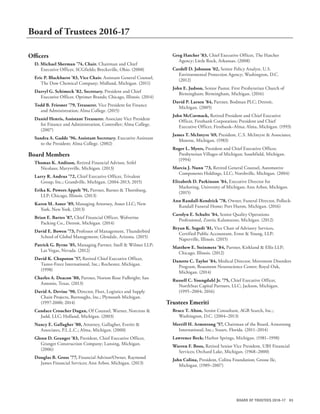 93BOARD OF TRUSTEES 2016-17
Board of Trustees 2016-17
Officers
D. Michael Sherman ’74, Chair. Chairman and Chief
Executive Officer, SCGfields; Brecksville, Ohio. (2008)
Eric P. Blackhurst ’83, Vice Chair. Assistant General Counsel,
The Dow Chemical Company; Midland, Michigan. (2011)
Darryl G. Schimeck ’82, Secretary. President and Chief
Executive Officer, Optimer Brands; Chicago, Illinois. (2014)
Todd B. Friesner ’79, Treasurer. Vice President for Finance
and Administration; Alma College. (2015)
Daniel Henris, Assistant Treasurer. Associate Vice President
for Finance and Administration, Controller; Alma College.
(2007)
Sandra A. Gadde ’96, Assistant Secretary. Executive Assistant
to the President; Alma College. (2002)
Board Members
Thomas K. Andison, Retired Financial Advisor, Stifel
Nicolaus; Marysville, Michigan. (2013)
Larry R. Andrus ’72, Chief Executive Officer, Trivalent
Group, Inc.; Grandville, Michigan. (2004-2013; 2015)
Erika K. Powers Appelt ’91, Partner, Barnes & Thornburg,
LLP; Chicago, Illinois. (2013)
Karen M. Asner ’89, Managing Attorney, Asner LLC; New
York, New York. (2013)
Brian E. Bartes ’87, Chief Financial Officer, Wolverine
Packing Co., Detroit, Michigan. (2014)
David E. Bowen ’73, Professor of Management, Thunderbird
School of Global Management; Glendale, Arizona. (2015)
Patrick G. Byrne ’85, Managing Partner, Snell & Wilmer LLP;
Las Vegas, Nevada. (2012)
David K. Chapoton ’57, Retired Chief Executive Officer,
Tastee-Freez International, Inc.; Rochester, Michigan.
(1998)
Charles A. Deacon ’80, Partner, Norton Rose Fulbright; San
Antonio, Texas. (2013)
David A. Devine ’90, Director, Fleet, Logistics and Supply
Chain Projects, Burroughs, Inc.; Plymouth Michigan.
(1997-2000; 2014)
Candace Croucher Dugan, Of Counsel, Warner, Norcross &
Judd, LLC; Holland, Michigan. (2003)
Nancy E. Gallagher ’80, Attorney, Gallagher, Everitt &
Associates, P.L.L.C.; Alma, Michigan. (2000)
Glenn D. Granger ’83, President, Chief Executive Officer,
Granger Construction Company; Lansing, Michigan.
(2006)
Douglas B. Gross ’77, Financial Advisor/Owner, Raymond
James Financial Services; Ann Arbor, Michigan. (2013)
Greg Hatcher ’83, Chief Executive Officer, The Hatcher
Agency; Little Rock, Arkansas. (2008)
Cardell D. Johnson ’02, Senior Policy Analyst, U.S.
Environmental Protection Agency; Washington, D.C.
(2012)
John E. Judson, Senior Pastor, First Presbyterian Church of
Birmingham; Birmingham, Michigan. (2016)
David P. Larsen ’84, Partner, Bodman PLC; Detroit,
Michigan. (2005)
John McCormack, Retired President and Chief Executive
Officer, Firstbank Corporation; President and Chief
Executive Officer, Firstbank–Alma; Alma, Michigan. (1993)
James T. McIntyre ’69, President, C.S. McIntyre & Associates;
Monroe, Michigan. (1983)
Roger L. Myers, President and Chief Executive Officer,
Presbyterian Villages of Michigan; Southfield, Michigan.
(1994)
Marcia J. Nunn ’73, Retired General Counsel, Automotive
Components Holdings, LLC; Northville, Michigan. (2004)
Elizabeth D. Parkinson ’84, Executive Director for
Marketing, University of Michigan; Ann Arbor, Michigan.
(2015)
Ann Randall-Kendrick ’78, Owner, Funeral Director, Pollock-
Randall Funeral Home; Port Huron, Michigan. (2016)
Carolyn E. Schultz ’84, Senior Quality Operations
Professional, Zoetis; Kalamazoo, Michigan. (2012)
Bryan K. Segedi ’81, Vice Chair of Advisory Services,
Certified Public Accountant, Ernst & Young, LLP;
Naperville, Illinois. (2015)
Matthew E. Steinmetz ’84, Partner, Kirkland & Ellis LLP;
Chicago, Illinois. (2012)
Danette C. Taylor ’84, Medical Director, Movement Disorders
Program, Beaumont Neuroscience Center; Royal Oak,
Michigan. (2014)
Russell C. Youngdahl Jr. ’75, Chief Executive Officer,
NorthStar Capital Partners, LLC; Jackson, Michigan.
(1995–2004; 2016)
Trustees Emeriti
Bruce T. Alton, Senior Consultant, AGB Search, Inc.;
Washington, D.C. (2004–2013)
Merrill H. Armstrong ’57, Chairman of the Board, Armstrong
International, Inc.; Stuart, Florida. (2011–2014)
Lawrence Beck; Harbor Springs, Michigan. (1981–1998)
Warren F. Boos, Retired Senior Vice President, UBS Financial
Services; Orchard Lake, Michigan. (1968–2000)
John Colina, President, Colina Foundation; Grosse Ile,
Michigan. (1989–2007)
 