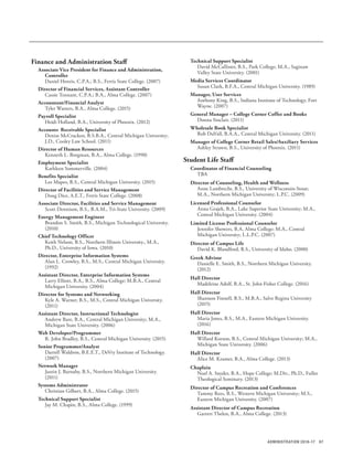 97ADMINISTRATION 2016-17
Technical Support Specialist
David McCallister, B.S., Park College; M.A., Saginaw
Valley State University. (2001)
Media Services Coordinator
Susan Clark, B.F.A., Central Michigan University. (1989)
Manager, User Services
Anthony King, B.S., Indiana Institute of Technology, Fort
Wayne. (2007)
General Manager – College Corner Coffee and Books
Donna Sinclair. (2011)
Wholesale Book Specialist
Rob DuVall, B.A.A., Central Michigan University. (2011)
Manager of College Corner Retail Sales/Auxiliary Services
Ashley Strawn, B.S., University of Phoenix. (2011)
Student Life Staff
Coordinator of Financial Counseling
TBA
Director of Counseling, Health and Wellness
Anne Lambrecht, B.S., University of Wisconsin-Stout;
M.A., Northern Michigan University; L.P.C. (2009)
Licensed Professional Counselor
Anna Grajek, B.A., Lake Superior State University; M.A.,
Central Michigan University. (2004)
Limited License Professional Counselor
Jennifer Showers, B.A, Alma College; M.A., Central
Michigan University; L.L.P.C. (2007)
Director of Campus Life
David K. Blandford, B.S., University of Idaho. (2000)
Greek Advisor
Danielle E. Smith, B.S., Northern Michigan University.
(2012)
Hall Director
Madeleine Adolf, B.A., St. John Fisher College. (2016)
Hall Director
Shannon Finnell, B.S., M.B.A., Salve Regina University
(2015)
Hall Director
Maria Jones, B.S., M.A., Eastern Michigan University.
(2016)
Hall Director
Willard Korson, B.S., Central Michigan University; M.A.,
Michigan State University. (2006)
Hall Director
Alice M. Kramer, B.A., Alma College. (2013)
Chaplain
Noel A. Snyder, B.A., Hope College; M.Div., Ph.D., Fuller
Theological Seminary. (2013)
Director of Campus Recreation and Conferences
Tammy Rees, B.S., Western Michigan University; M.S.,
Eastern Michigan University. (2007)
Assistant Director of Campus Recreation
Garrett Thelen, B.A., Alma College. (2013)
Finance and Administration Staff
Associate Vice President for Finance and Administration,
Controller
Daniel Henris, C.P.A.; B.S., Ferris State College. (2007)
Director of Financial Services, Assistant Controller
Cassie Tennant, C.P.A.; B.A., Alma College. (2007)
Accountant/Financial Analyst
Tyler Watters, B.A., Alma College. (2015)
Payroll Specialist
Heidi Holland, B.A., University of Phoenix. (2012)
Accounts Receivable Specialist
Denise McCracken, B.S.B.A., Central Michigan University;
J.D., Cooley Law School. (2011)
Director of Human Resources
Kenneth L. Borgman, B.A., Alma College. (1990)
Employment Specialist
Kathleen Sommerville. (2004)
Benefits Specialist
Lee Mapes, B.S., Central Michigan University. (2015)
Director of Facilities and Service Management
Doug Dice, A.E.T., Ferris State College. (2008)
Associate Director, Facilities and Service Management
Scott Dennison, B.S., B.A.M., Tri-State University. (2009)
Energy Management Engineer
Brandon S. Smith, B.S., Michigan Technological University.
(2010)
Chief Technology Officer
Keith Nelson, B.S., Northern Illinois University., M.A.,
Ph.D., University of Iowa. (2010)
Director, Enterprise Information Systems
Alan L. Crowley, B.S., M.S., Central Michigan University.
(1992)
Assistant Director, Enterprise Information Systems
Larry Elliott, B.A., B.S., Alma College; M.B.A., Central
Michigan University. (2004)
Director for Systems and Networking
Kyle A. Warner, B.S., M.S., Central Michigan University.
(2011)
Assistant Director, Instructional Technologist
Andrew Bare, B.A., Central Michigan University; M.A.,
Michigan State University. (2006)
Web Developer/Programmer
R. John Bradley, B.S., Central Michigan University. (2015)
Senior Programmer/Analyst
Darrell Waldron, B.E.E.T., DeVry Institute of Technology.
(2007)
Network Manager
Justin J. Barnaby, B.S., Northern Michigan University.
(2011)
Systems Administrator
Christian Gilbert, B.A., Alma College. (2015)
Technical Support Specialist
Jay M. Chapin, B.S., Alma College. (1999)
 