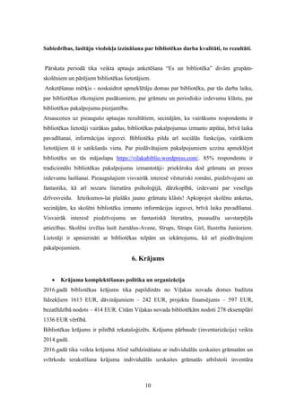10
Sabiedrības, lasītāju viedokļa izzināšana par bibliotēkas darba kvalitāti, to rezultāti.
Pārskata periodā tika veikta aptauja anketēšana “Es un bibliotēka” divām grupām-
skolēniem un pārējiem bibliotēkas lietotājiem.
Anketēšanas mērķis - noskaidrot apmeklētāju domas par bibliotēku, par tās darba laiku,
par bibliotēkas rīkotajiem pasākumiem, par grāmatu un periodisko izdevumu klāstu, par
bibliotēkas pakalpojumu pieejamību.
Atsaucoties uz pieaugušo aptaujas rezultātiem, secinājām, ka vairākums respondentu ir
bibliotēkas lietotāji vairākus gadus, bibliotēkas pakalpojumus izmanto atpūtai, brīvā laika
pavadīšanai, informācijas ieguvei. Bibliotēka pilda arī sociālās funkcijas, vairākiem
lietotājiem tā ir satikšanās vieta. Par piedāvātajiem pakalpojumiem uzzina apmeklējot
bibliotēku un tās mājaslapu https://vilakabiblio.wordpress.com/. 85% respondentu ir
tradicionālo bibliotēkas pakalpojumu izmantotāji- priekšroku dod grāmatu un preses
izdevumu lasīšanai. Pieaugušajiem visvairāk interesē vēsturiski romāni, piedzīvojumi un
fantastika, kā arī nozaru literatūra psiholoģijā, dārzkopībā, izdevumi par veselīgu
dzīvesveidu. Ieteikumos-lai plašāks jauno grāmatu klāsts! Apkopojot skolēnu anketas,
secinājām, ka skolēni bibliotēku izmanto informācijas ieguvei, brīvā laika pavadīšanai.
Visvairāk interesē piedzīvojumu un fantastiskā literatūra, pusaudžu savstarpējās
attiecības. Skolēni izvēlas lasīt žurnālus-Avene, Sīrups, Sīrups Girl, Ilustrēta Junioriem.
Lietotāji ir apmierināti ar bibliotēkas telpām un iekārtojumu, kā arī piedāvātajiem
pakalpojumiem.
6. Krājums
 Krājuma komplektēšanas politika un organizācija
2016.gadā bibliotēkas krājums tika papildināts no Viļakas novada domes budžeta
līdzekļiem 1613 EUR, dāvinājumiem – 242 EUR, projektu finansējums – 597 EUR,
bezatlīdzībā nodots – 414 EUR. Citām Viļakas novada bibliotēkām nodoti 278 eksemplāri
1336 EUR vērtībā.
Bibliotēkas krājums ir pilnībā rekataloģizēts. Krājuma pārbaude (inventarizācija) veikta
2014.gadā.
2016.gadā tika veikta krājuma Alisē salīdzināšana ar individuālās uzskaites grāmatām un
svītrkodu ierakstīšana krājuma individuālās uzskaites grāmatās atbilstoši inventāra
 