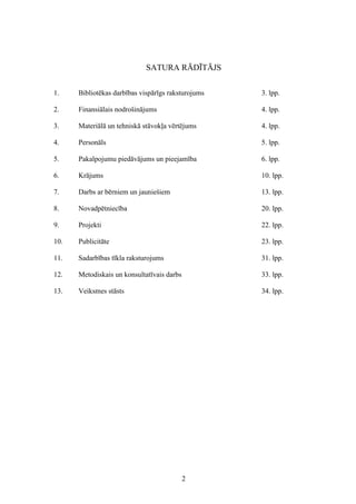 2
SATURA RĀDĪTĀJS
1. Bibliotēkas darbības vispārīgs raksturojums 3. lpp.
2. Finansiālais nodrošinājums 4. lpp.
3. Materiālā un tehniskā stāvokļa vērtējums 4. lpp.
4. Personāls 5. lpp.
5. Pakalpojumu piedāvājums un pieejamība 6. lpp.
6. Krājums 10. lpp.
7. Darbs ar bērniem un jauniešiem 13. lpp.
8. Novadpētniecība 20. lpp.
9. Projekti 22. lpp.
10. Publicitāte 23. lpp.
11. Sadarbības tīkla raksturojums 31. lpp.
12. Metodiskais un konsultatīvais darbs 33. lpp.
13. Veiksmes stāsts 34. lpp.
 