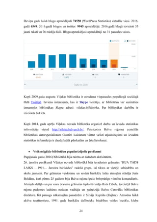 24
Deviņu gadu laikā blogu apmeklējuši 74550 (WordPress Statistika) virtuālie viesi. 2016.
gadā 6549. 2016.gadā blogos un twitter: 9945 apmeklētāji. 2016.gadā blogā ievietoti 55
jauni raksti un 76 mēdiju faili. Blogu apmeklējuši apmeklētāji no 31 pasaules valsts.
Kopš 2009.gada augusta Viļakas bibliotēka ir atrodama vispasaules populārajā sociālajā
tīklā Twitterī. Ikviens interesents, kas ir Skype lietotājs, ar bibliotēku var sazināties
izmantojot bibliotēkas Skype adresi: vilakas.biblioteka. Par bibliotēkas darbību ir
izveidots buklets.
Kopš 2014. gada aprīļa Viļakas novada bibliotēka organizē darbu un ievada statistikas
informāciju vietnē http://vilaka.balvurcb.lv/. Pateicoties Balvu reģiona centrālās
bibliotēkas datorspeciālistam Guntim Laicānam vietnē veikti atjauninājumi un ievadītā
statistikas informācija ir daudz labāk pārskatām un ērta lietošanai.
 Veiksmīgākie bibliotēku popularizējošie pasākumi
Pagājušais gads (2016) bibliotēkā bija ražens ar dažādām aktivitātēm.
26. janvāra pasākumā Viļakas novada bibliotēkā bija ieradusies grāmatas “BIJA TĀDS
LAIKS …1991… Janvāra barikādes” radošā grupa, lai tiktos ar vietējo sabiedrību un
skolu jaunatni. Par grāmatas veidošanu un savām barikāžu laika atmiņām stāstīja Juris
Boldāns, kurš pirms 25 gadiem bija Balvu rajona īpašo brīvprātīgo vienību komandieris.
Atmiņās dalījās un par savu devumu grāmatas tapšanā runāja Ruta Cibule, toreizējā Balvu
rajona padomes kultūras nodaļas vadītāja un pašreizējā Balvu Centrālās bibliotēkas
direktore. Kā paraugs nākamajām paaudzēm ir Silvija Kupriša (Zujāne). Atmodas laikā
aktīva tautfrontiete, 1991. gada barikāžu dalībnieku biedrības valdes locekle, kluba
 