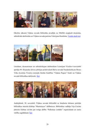 29
Oktobra sākumā Viļakas novada bibliotēka atvadījās no Mūžībā aizgājušā dzejnieka,
sabiedriskā darbinieka un Viļakas novada patriota Valerijana Rundzāna. Vairāk skatīt šeit
Literātam, ekonomistam un sabiedriskajam darbiniekam Leontijam Vizulim 6.novembrī
apritēja 80. Dzejnieka dzīves jubilejas priekšvakarā Balvu novada Naudaskalnā pie Bruno
Vilka (Leontijs Vizulis) ciemojās literātu biedrības “Viļakas Pegazs” biedri un Viļakas
novada bibliotēkas darbinieki. Šeit
Andrejdienā, 30. novembrī, Viļakas novada bibliotēkā uz ikmēneša tikšanos pulcējās
bibliotēkas interešu klubiņa “Mantinieces” dalībnieces. Bibliotēkas vadītāja Vija Circāne
pateicās klubiņa sievām par rosīgu dalību “Pulksteņu izstādes” organizēšanā un senču
vērtību saglabāšanā. Šeit
 