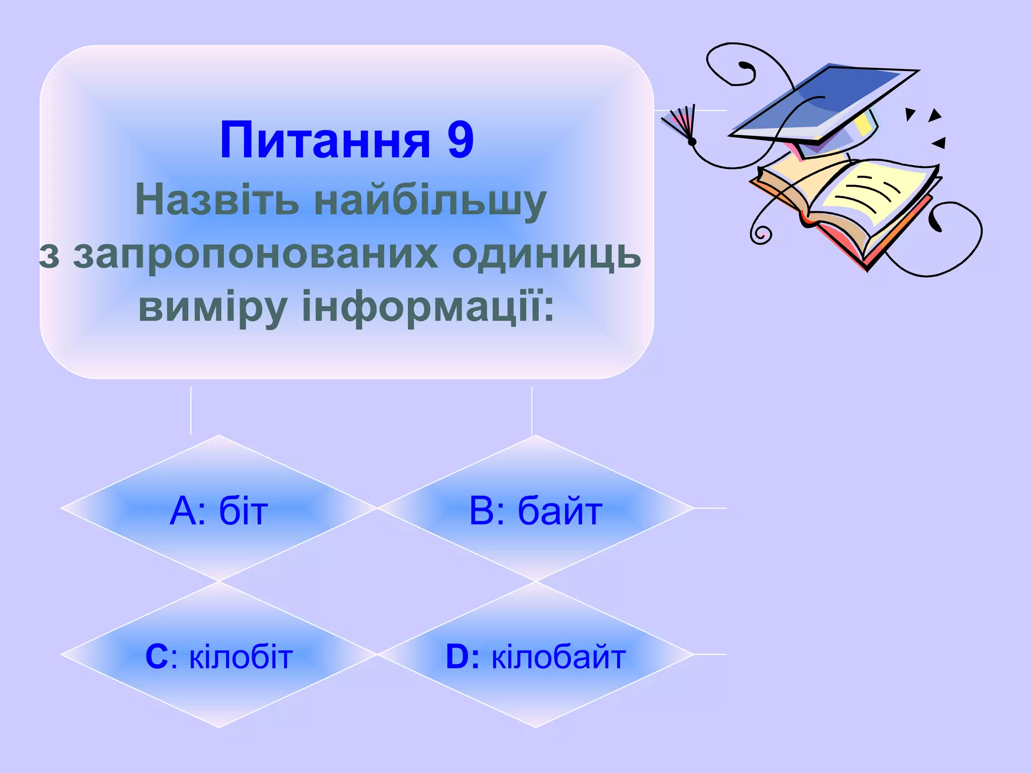 Питання 9
Назвіть найбільшу
з запропонованих одиниць
виміру інформації:
А: біт B: байт
C: кілобіт D: кілобайт
 