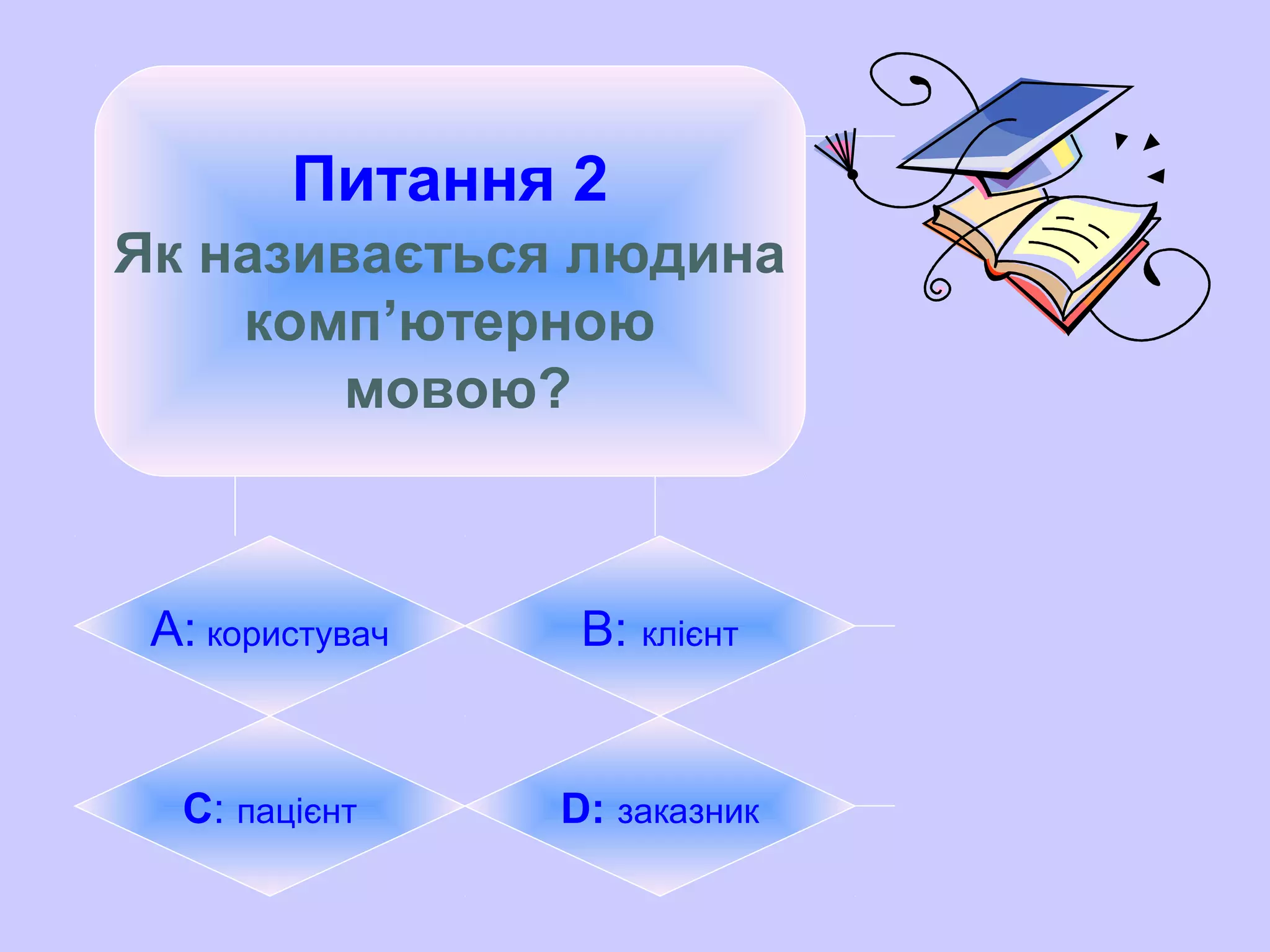 Питання 2
Як називається людина
комп’ютерною
мовою?
А: користувач B: клієнт
C: пацієнт D: заказник
 