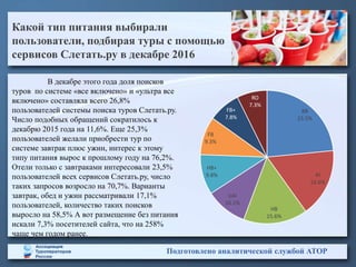 Подготовлено аналитической службой АТОР
Какой тип питания выбирали
пользователи, подбирая туры с помощью
сервисов Слетать.ру в декабре 2016
В декабре этого года доля поисков
туров по системе «все включено» и «ультра все
включено» составляла всего 26,8%
пользователей системы поиска туров Слетать.ру.
Число подобных обращений сократилось к
декабрю 2015 года на 11,6%. Еще 25,3%
пользователей желали приобрести тур по
системе завтрак плюс ужин, интерес к этому
типу питания вырос к прошлому году на 76,2%.
Отели только с завтраками интересовали 23,5%
пользователей всех сервисов Слетать.ру, число
таких запросов возросло на 70,7%. Варианты
завтрак, обед и ужин рассматривали 17,1%
пользователей, количество таких поисков
выросло на 58,5% А вот размещение без питания
искали 7,3% посетителей сайта, что на 258%
чаще чем годом ранее.
BB
23.5%
AI
16.6%
HB
15.6%
UAI
10.1%
HB+
9.8%
FB
9.3%
FB+
7.8%
RO
7.3%
 