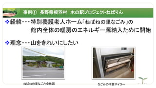 経緯・・・特別養護老人ホーム「ねばねの里なごみ」の
館内全体の暖房のエネルギー源納入ために開始
理念・・・山をきれいにしたい
ねばねの里なごみ全体図 なごみの木質ボイラー
事例① 長野県根羽村 木の駅プロジェクトねばりん
 