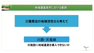 地域通貨使用における範囲
の施設に地域通貨を導入できないか
三穂周辺の地域活性化も考えて
川路・天竜峡
 