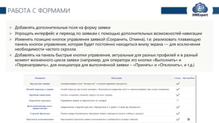 TechExpert Company
РАБОТА С ФОРМАМИ
 Добавлять дополнительные поля на форму заявки
 Упрощать интерфейс и переход по заявкам с помощью дополнительных возможностей навигации
 Изменять позицию кнопок управления заявкой (Сохранить, Отмена), т.е. реализовать плавающую
панель кнопок управления, которая будет постоянно находиться внизу экрана — для исключения
необходимости частого скролла
 Добавлять на панель быстрые кнопки управления, актуальные для разных профилей и в разный
момент жизненного цикла заявки (например, для оператора это кнопки «Выполнить» и
«Перенаправить», для инициатора для выполненной заявки – «Принять» и «Отклонить», и т.д.)
 