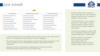 TechExpert Company
БАЗА ЗНАНИЙ
 С помощью базы знаний пользователь может самостоятельно найти ответ на свой
вопрос, что позволяет снизить нагрузку на службу поддержки.
 Вы можете самостоятельно формировать структуру базы знаний, размещать в ней
статьи с ответами на часто возникающие вопросы и решениями типовых
инцидентов.
 Документы в базе знаний хранятся в древовидном каталоге. Вы можете
классифицировать документы так, как это удобно вам.
 Решение заявки можно сохранить в
базу знаний. Для этого при написании
решения отметьте пункт «Сохранить и
добавить в базу знаний».
 Чтобы просмотреть, нет ли похожих
решений по такой заявке, нажмите
«Искать решение». Данная кнопка
запускает поиск названия заявки по
базе знаний
 Статью можно добавить в раздел ЧаВо
(часто задаваемых вопросов), выбрать
целевую аудиторию и опубликовать.
 Форма создания статьи удобна и
функциональна. Вы можете
использовать HTML для
форматирования документов базы
знаний, вставки ссылок и картинок.
 