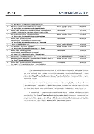 Стр. 14 Отчет СМА за 2016 г.
См. https://www.youtube.com/watch?v=3FG-ts6Xs6o
29 Абхазский святой – Евстафий Апсильский (VIII в.).
См. https://www.youtube.com/watch?v=mHay80MbOoY
Архим. Дорофей (Дбар) 09.10.2016
30 Ветхий Завет: история праотцев. Благословение сыновей Йаакова.
См.https://www.youtube.com/watch?v=sw3Ln3CPBdk&t=23s
Г. Маршания 16.10.2016
31 Что такое исповедь и как нужно исповедаться.
См. https://www.youtube.com/watch?v=5DcY5OwB6Ng
Архим. Дорофей (Дбар) 30.10.2016
32 Ветхий Завет: история праотцев.
Благословение сыновей Йаакова (продолжение).
См. https://www.youtube.com/watch?v=1quDO3umNMw
Г. Маршания 06.11.2016
33 Святой Василий Великий (IV в.) Иерод. Давид (Сарсания) 13.11.2016
34 Что скрывает в себе слово “любовь”?
См. https://www.youtube.com/watch?v=xP3FA3_MUwU
Архим. Дорофей (Дбар) 20.11.2016
35 Ветхий Завет: история праотцев.
Благословение сыновей Йаакова (окончание).
См. https://www.youtube.com/watch?v=OI0AQWTwq4Y
Г. Маршания 27.11.2016
36 Учение святого Василия Великого (IV в.) Иерод. Давид (Сарсания) 04.12.2016
37 Видный абхазский священник Георгий Ахан-ипа Туманов (1880-1920).
См. https://youtu.be/bkohubm6vHQ
Архим. Дорофей (Дбар) 11.12.2016
38 Ветхий Завет: история праотцев. Праведный Ийов
См. https://www.youtube.com/watch?v=pGHMeg8ONAU
Г. Маршания 18.12.2016
Для обмена информацией лекторов и слушателей Богословского лектория в социаль-
ной сети Facebook была создана группа под названием «Богословский лекторий в Новом
Афоне» (см. https://www.facebook.com/groups/newathos.lectorium). На конец 2016 г. в группе
состоят 287 человек.
Заметки слушателей Богословского лектория - Илоны Воуба, Миранды Чедия, Оксаны
Смыр, Аиды Смыр, Еланы Гицба и Джамбула Жордания, о том, как они пришли к вере, и что для
них значит вера в Бога, были опубликованы в журнале СМА «Алашарбага» (№ 3, стр. 28-31).
С августа 2016 г. стали проводиться трансляции лекций в прямом эфире в социальной
сети Facebook (см. https://www.facebook.com/paterdarat.dbar). Количество просмотров этих
лекций составляло в среднем от 1.000 до 2.000. Записи этих лекций были размещены в YouTube,
и на официальном сайте СМА (см. https://anyha.org/category/video/).
 