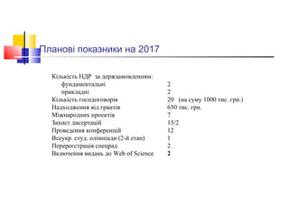 Планові показники на 2017
Кількість НДР за держзамовленням:
фундаментальні 2
прикладні 2
Кількість госпдоговорів 20 (на суму 1000 тис. грн.)
Надходження від грантів 650 тис. грн.
Міжнародних проектів 7
Захист дисертацій 15/2
Проведення конференцій 12
Всеукр. студ. олімпіади (2-й етап) 1
Перереєстрація спецрад 2
Включення видань до Web of Science 2
 