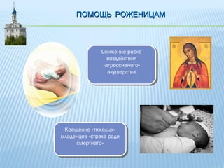 ПОМОЩЬ РОЖЕНИЦАМПОМОЩЬ РОЖЕНИЦАМ
Снижение риска
воздействия
«агрессивного»
акушерства
Снижение риска
воздействия
«агрессивного»
акушерства
Крещение «тяжелых»
младенцев «страха ради
смертнаго»
Крещение «тяжелых»
младенцев «страха ради
смертнаго»
 