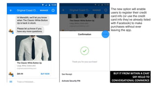 The new option will enable
users to register their credit
card info (or use the credit
card info they’ve already listed
with Facebook) to make
purchases without ever
leaving the app.
BUY IT FROM WITHIN A CHAT
SAY HELLO TO
CONVERSATIONAL COMMERCE
 