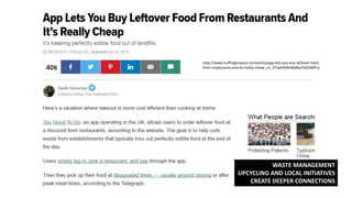 http://www.huffingtonpost.com/entry/app-lets-you-buy-leftover-food-
from-restaurants-and-its-really-cheap_us_57aa4469e4b0ba7ed23dff1a
WASTE MANAGEMENT
UPCYCLING AND LOCAL INITIATIVES
CREATE DEEPER CONNECTIONS
 