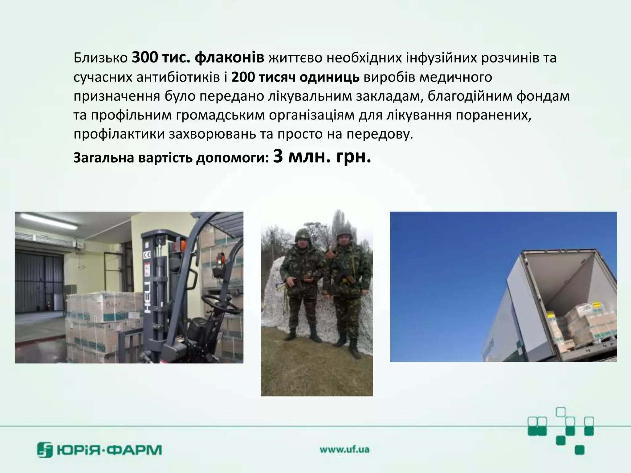 Близько 300 тис. флаконів життєво необхідних інфузійних розчинів та
сучасних антибіотиків і 200 тисяч одиниць виробів медичного
призначення було передано лікувальним закладам, благодійним фондам
та профільним громадським організаціям для лікування поранених,
профілактики захворювань та просто на передову.
Загальна вартість допомоги: 3 млн. грн.
 