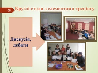 Круглі столи з елементами тренінгу
Дискусія,
дебати
38
 