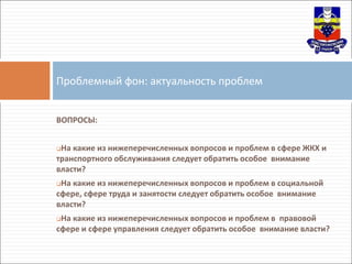 ВОПРОСЫ:
На какие из нижеперечисленных вопросов и проблем в сфере ЖКХ и
транспортного обслуживания следует обратить особое внимание
власти?
На какие из нижеперечисленных вопросов и проблем в социальной
сфере, сфере труда и занятости следует обратить особое внимание
власти?
На какие из нижеперечисленных вопросов и проблем в правовой
сфере и сфере управления следует обратить особое внимание власти?
Проблемный фон: актуальность проблем
 
