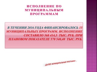 ИСПОЛНЕНИЕ ПО
МУНИЦИПАЛЬНЫМ
ПРОГРАММАМ
 