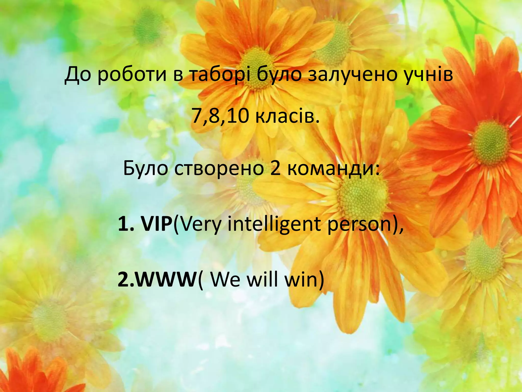 До роботи в таборі було залучено учнів
7,8,10 класів.
Було створено 2 команди:
1. VIP(Very intelligent person),
2.WWW( We will win)
 