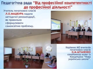 Педагогічна рада “Від професійної компетентності
до професійної діяльності”
Учитель початкових класів
Л.О.МАЦІБУРА надала
методичні рекомендації,
як правильно
сформулювати
самоосвітню проблему.
Керівник МО вчителів
початкових класів
О.М.ШТАНЕНКО
ознайомила колег із
Концепцією “Нова
українська школа”.
 