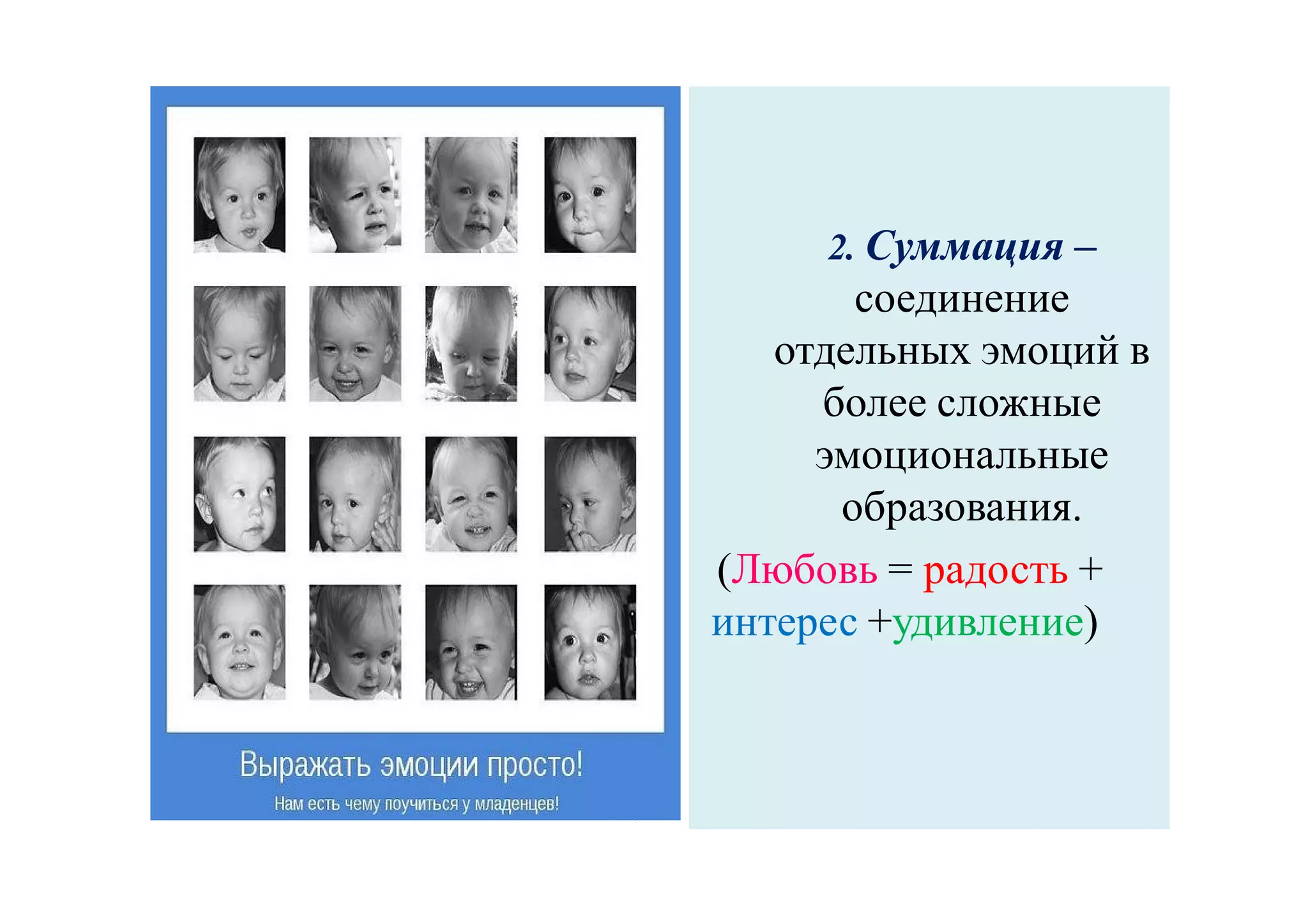 2. Суммация –
соединение
отдельных эмоций в
более сложные
эмоциональные
образования.
(Любовь = радость +
интерес +удивление)
 