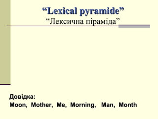 ““Lexical pyramide”Lexical pyramide”
“Лексична піраміда”
Довідка:Довідка:
MoonMoon,, MotherMother,, MeMe,, MorningMorning,, ManMan,, MonthMonth
 