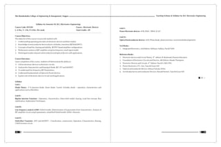 Syllabus for Semester III, B.E. (Electronics Engineering)
Course Code: ENT201 Course : Electronic Devices
L: 4 Hrs, T: 1 Hr, P: 0 Hrs. Per week Total Credits : 09
Course Objectives:
The objective of this course is to provide students with
1. Understanding operating principles of electronic devices and their models.
2. Knowledge of semiconductor device physics of diodes, transistors (BJT&MOSFET).
3. Concepts of load line, biasing and stability, BJT/FET based amplifier configurations.
4. Performance analysis of BJT amplifier using low frequency small signal model.
5. Working principles of power semiconductor and optical devices with applications.
Course Outcomes:
Upon completion of this course, students will demonstrate the ability to:
1) Utilize electronic devices in electronic circuits.
2) Analyze the characteristics and biasing of diode, BJT, FET and MOSFET.
3) To understand low frequency BJT Parameteres.
4) Understand fundamentals of Optical & Power devices.
5) Explore role of electronic devices in real world applications.
Syllabus
Unit I :
Diode Theory : P N Junction diode, Zener diode, Tunnel, Schottky diode – operation, characteristics and
applications such as Rectifiers.
Unit II :
Bipolar Junction Transistor : Operation, characteristics, Ebers-Moll model, biasing, Load line concept, Bias
stabilization, Stabilization Techniques.
Unit III :
Low frequency analysis of BJT: Hybrid model, Determination of h-parameters from characteristics, Analysis of
BJT amplifier circuit using h-parameters, simplified Hybrid model, Miller's theorem.
Unit IV :
Field effect Transistor : JFET and MOSFET – Classification, construction, Operation, Characteristics, Biasing,
CMOS inverter circuit.
Teaching Scheme & Syllabus For B.E. Electronics Engineering
39
Shri Ramdeobaba College of Engineering & Management, Nagpur
38
Unit V :
Power Electronic devices - SCR, DIAC, TRIAC & UJT
Unit VI :
Optical Semiconductor devices - LED, Photo diode, photo transistor, recent trends/developments.
Text Books :
1. Integrated Electronics, 2nd Edition: Millman, Halkias, Parikh TMH
Reference Books :
th
1. Electronic devices and Circuit Theory, 9 edition: R. Boylestad, Pearson Education
2. Foundation of Electronics Circuits and Devices, 4th Edition: Meade Thompson
th
3. Electronic Devices and Circuits, 4 Edition: David A. Bell, PHI.
4. Power Electronics: P.C. Sen, Tata-McGraw Hill
5. Optical semiconductor devices: Mitsuo Fukuda, Wiley
6. An Introduction to semiconductor Devices: Donald Nemen, Tata-McGraw Hill
 