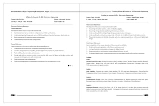 Syllabus for Semester III, B.E. (Electronics Engineering)
Course Code: ENP201 Course : Electronic Devices
L: 0 Hrs, T: 0 Hr, P: 2 Hrs. Per week Total Credits : 02
Electronic Devices Laboratory :
Course objectives :
The objective of this course is to provide students with
1. Familiarization of various electronic components and their specifications.
2. Understanding of Lab Equipments such as CRO, bread-board, Function Generator, Multi-meter etc.
3. Basic concepts of DC analysis of diodes and transistors.
4. Understanding of transistor bias configurations.
Course Outcomes :
Upon completion of this course, student shall demonstrate ability to:
1. Understand various electronic components and their specifications.
2. Use the Lab Equipments such as CRO, bread-board, Function Generator, Multi-meter etc.
3. Perform DC analysis of diodes and transistors.
4. Design and analyze common rectifier circuit such as half wave, full wave and bridge rectifiers and
compute rectifier parameters with resistive load.
5. Analyze transistor bias configurations.
6. Apply knowledge gained in interpretation and design of various electronic circuits.
Teaching Scheme & Syllabus For B.E. Electronics Engineering
41
Shri Ramdeobaba College of Engineering & Management, Nagpur
40
Syllabus for Semester III, B.E. (Electronics Engineering)
Course Code : ENT202 Course : Digital Logic Design
L: 4 Hrs, T: 1 Hr, P: 0 Hrs. Per week Total Credits : 09
New Course Objectives :
The objective of this course is to provide students with
1. Knowledge of number systems, codes and Boolean algebra.
2. Knowledge of logic families and their performance parameters.
3. Understanding of different digital logic design and optimization tchniques.
4. Understanding of combinational, sequential, arithmetic circuits & their hierarchical implementation.
5. Theoritical foundation to Identify, formulate, and solve engineering problems in the area of digital logic
design.
New Course Outcomes :
Upon completion of this course, students will demonstrate the ability to:
1. Perform arithematic operations with different number systems.
2. Use logic/function minimization techniques for digital circuits.
3. Design and analyze combinational, sequential and arithmetic circuits.
4. To design a digital system, components or process to meet desired needs within realistic constraints.
Syllabus
Unit I :
Number Systems & Codes : Analog V/s Digital systems, Number Systems, Boolean algebra, Boolean identities,
Digital Codes – Binary, Gray, Hex, ASCII, BCD, Self Complimentary, Conversion, D Morgan's laws, SOP,
POS, representation of signed numbers.
Unit II :
Logic Families : Transistor as a switch, Logic families (TTL, ECL) and their characteristics – Fan-In,Fan-Out,
Propagation Delay, Power dissipation, Noise Margin, Timing issues. Comparison of different logic Families.
Unit III :
Combinational circuits : Basic and Universal, Implementation of Boolean expression using logic gates,
Karnaugh Map, simplification using K-Maps, Decoders, Encoders, Multiplexers, Demultiplexers.
Unit IV :
Sequential Elements : Latches, Flip Flops – RS, D, JK, Master Slave JK, T flip flop, their excitation and truth
tables, Conversion of one Flip Flop to another, Timing and Clocking issues: setup and hold time, Rise time, fall
time, metastability, clock skew & jitter.
 