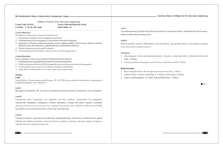 Teaching Scheme & Syllabus For B.E. Electronics Engineering
73
Shri Ramdeobaba College of Engineering & Management, Nagpur
72
Syllabus of Semester V B.E. (Electronics Engineering)
Course Code: ENT303 Course: Field and Radiating System
L: 03 Hrs. , T : 01 Hr., Per week Total Credits : 07
Course Objectives:
The objective of this course is to provide students with
1. Fundamental concepts of Electromagnetic wave theory.
2. Understanding of wave propagation in transmission lines and waveguides.
3. Importance of the basic antenna parameters such as radiation pattern, effective area, radiation intensity,
directivity, gain, beam efficiency, aperture efficiency and radiation efficiency.
4. Design of antenna arrays for specific patterns.
5. Understanding and knowledge of various antennas and their applications
Course Outcomes:
Upon completion of this course, students will demonstrate the ability to:
1. Understand wave propagation in transmission line and waveguides.
2. Predict and analyze behavior of Electromagnetic waves in transmission lines and waveguides.
3. Understand the antenna structure, its design, limitations and tradeoffs.
4. Apply field and radiating theory concepts in Microwave engineering.
Syllabus
Unit-I
Guided Waves, Waves between parallel planes, TE, TM, TEM, waves and their characteristics, attenuation in
parallel plane guides, wave impedances.
Unit-II
Rectangular Waveguides, TM, TE waves in rectangular waveguides and their characteristics, wave impedance.
Unit-III
Transmission lines, transmission line equations and their solutions. Transmission line parameters,
characteristic impedance, propagation constant, attenuation constant and phase constant, waveforms
distortion, distortion less transmission lines, loading of transmission lines, reflection coefficient and VSWR,
Equivalent circuits of transmission lines. Smith chart, Stub matching.
Unit-IV:
Concept of radiation, Scalar and vector potentials, retarded potentials, field due to a current elements, power
radiated and radiation resistance, reciprocity theorem applied to antennas, gain and aperture of antenna,
radiation intensity, impedance, directivity.
Unit-V
Two elements arrays and their directional characteristics, linear arrays analysis, broadside and end fire arrays,
pattern multiplication, binomial arrays.
Unit-VI
Study of parabolic antenna, folded dipole, Yagi-Uda antenna, log–periodic antenna, horn antenna, traveling
wave antenna and cassegrain antenna.
Text Books
1. Electromagnetic Waves and Radiating Systems ; Edward C, Jordan and Keith G. Balmain;Prentice Hall
nd
India, 2 Edition
th
2. Antennas and Wave Propagation ; John D. Kraus ; Tata McGraw Hill, 4 Edition
Reference Books
st
1. Electromagnetic Waves ; R K Shevgaonkar ;Tata McGraw Hill, 1 Edition
rd
2. Antenna Theory : Analysis and Design ; C.A. Balanis ; Wiley India, 3 Edition
st
3. Antenna and Propagation ; G.S. Raju ; Pearson Publication, 1 Edition
 