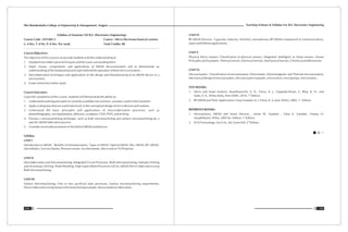 Teaching Scheme & Syllabus For B.E. Electronics Engineering
115
Shri Ramdeobaba College of Engineering & Management, Nagpur
114
Syllabus of Semester VII B.E. (Electronics Engineering)
Course Code : ENT405-3 Course : Micro Electromechanical systems
L: 4 Hrs, T: 0 Hr, P: 0 Hrs. Per week Total Crédits: 08
Course Objectives:
The objective of this course is to provide students with the understanding of
1. Standard microfabrication techniques and the issues surrounding them.
2. Major classes, components, and applications of MEMS devices/systems and to demonstrate an
understanding of the fundamental principles behind the operation of these devices/systems.
3. Microfabrication techniques and applications to the design and Manufacturing of an MEMS device or a
microsystem.
4. Foster interest for further study.
Course Outcomes:
Upon the completion of this course, students will demonstrate the ability to:
1. Understand working principles of currently available microsensors, actuators used in Microsystems.
2. Apply scaling laws that are used extensively in the conceptual design of micro devices and systems.
3. Understand the basic principles and applications of micro-fabrication processes, such as
photolithography, ion implantation, diffusion, oxidation, CVD, PVD, and etching.
4. Choose a micromachining technique, such as bulk micromachining and surface micromachining for a
specific MEMS fabrication process
5. Consider recent advancements in the field of MEMS and devices.
Syllabus
UNIT I
Introduction to MEMS: Benefits of Miniaturization, Types of MEMS: Optical MEMS, Bio- MEMS, RF- MEMS,
Microfludics, Success Stories, Pressure sensor, Accelerometer, Micro-mirror TV Projector.
UNIT II
Microfabrication and Micromachining: Integrated Circuit Processes, Bulk Micromachining, Isotropic Etching
and Anisotropic Etching, Wafer Bonding, High Aspect-Ratio Processes (LIGA), MEMS Device fabrication using
Bulk Micromachining.
UNIT III
Surface Micromachining: One or two sacrificial layer processes, Surface micromachining requirements,
Device fabrication using Surface Micromachining example, Microcantilever fabrication.
UNIT IV
RF MEMS Devices: Capacitor, Inductor, Switches, and antennas, RF MEMS components in communications,
space and defense applications.
UNIT V
Physical Micro sensors: Classification of physical sensors, Integrated, Intelligent, or Smart sensors, Sensor
Principles and Examples: Thermal sensors, Electrical Sensors, Mechanical Sensors, Chemical and Biosensors.
UNIT VI
Microactuators : Classification of microactuators, Electrostatic, Electromagnetic and Thermal microactuation,
Mechanical design of microactuators, Microactuator examples, microvalves, micropumps, micromotors.
TEXT BOOKS:
1. Micro and Smart Systems: Ananthasuresh, G. K., Vinoy, K. J., Gopalakrishnan, S., Bhat, K. N., and
st
Aatre, V. K., Wiley-India, New Delhi, 2010. 1 Edition.
st
2. RF MEMS and Their Applications: Vijay Varadan, K. J. Vinoy, K. A. Jose, Wiley, 2002, 1 Edition.
REFERENCE BOOKS:
1. Microsensors, MEMS and Smart Devices , Julian W. Gardner , Vijay K. Varadan, Osama O.
st
Awadelkarim, Wiley ,2001 by Edition: 1 Edition.
nd
2. VLSI Technology, Sze S.M., Mc Graw Hill, 2 Edition.
 