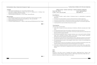 Teaching Scheme & Syllabus For B.E. Electronics Engineering
9
Shri Ramdeobaba College of Engineering & Management, Nagpur
8
Text Books :
1. Higher Engineering Mathematics, B. S. Grewal, Khanna Publishers, Delhi.
2. A text book of Applied Mathematics Volume I & II, by P. N. Wartikar and J. N. Wartikar, Pune
Vidhyarthi Griha Prakashan, Pune-411030 (India)
3. Advanced Engineering Mathematics, 2 ed , Jain ,Iynger , Narosa publication
Reference Books :
1. Advanced Engineering Mathematics by Erwin Kreyszig, 8th edition, Neekunj print process, Delhi.
2. Schaum's Outline of Differential Equations, Richard Bronson , TMH, 3ed, New Delhi
3. Engineering Mathematics by Srimanta, Paul
4. AtextbookofAppliedMathematicsI,T.Singh,K.L.Sarda,ProfessionalPublishingHousePvt.Ltd.,Nagpur.
Syllabus of Group 1 - Semester I and Group 2 – Semester II, Bachelor of Engineering
Course Code : PHT101 Course : Engineering Physics
L: 4 Hrs, T: 1 Hr, P : 0 Hr., Per week Total Credits : 09
Course Objectives :
1. To develop the ability to apply concepts in elementary physics to understanding of engineering
applications;
2. To introduce more advanced physics concepts, which form the basis of modern engineering;
3. To provide a sound foundation in mathematical formulation of concepts learnt and their applications;
4. To elaborate the general nature of concepts learnt and of possibility of their cross-disciplinary application;
5. To develop skills for numerical problem solving in areas covered
Course Outcomes :
At the end of the course the students
1. will be able to recognize and analyze phenomena of interference, diffraction and polarization of light
waves ;
2. will understand principles of laser action and basic working of many types of laser devices ;
3. will understand geometrical theory of optical fibre communication and the phenomena of attenuation and
dispersion of electrical signals in the fibre ;
4. will understand fundamental notions in quantum mechanics such as wave particle duality, de Broglie
matter waves, Heisenberg uncertainty relations, wave function of system, quantum confinement,
quantization of energy and quantum tunneling of potential barriers;
5. will understand concepts like Fermi energy and density of states, understand calculation of carrier density
and electrical conductivity in intrinsic and semiconductors and understand the behaviour of pn-junction;
6. will understand broad principles of electromagnetic electron lenses, cyclotron, mass spectrograph and
working of the CRO;
7. will understand the reasons for novel properties at nano-scale, be familiar with elements of some of the
methods of synthesis and characterization and some of the properties of such materials ;
8. will be able to understand and perform numerical calculations in areas of optics, lasers, optical fibres,
quantum physics, semiconductors, charged particle devices and nano physics at the level defined above
for these.
Unit-I :
Optics :
Interference in thin films, division of amplitude and wavefront, wedge-shaped films, Newton's rings,
antireflection coatings; Diffraction, single slit, double slit, Different types of polarization of light, Malus' law,
production of plane polarized light, birefringence, wave plates.
 