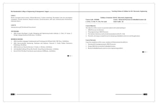 Teaching Scheme & Syllabus For B.E. Electronics Engineering
123
Shri Ramdeobaba College of Engineering & Management, Nagpur
122
UNIT V
RTOS Concepts-Critical section, Shared Resources, Context Switching, Pre-emptive and non pre-emptive
Schedulers, Priority Inversion, Mutual exclusion, Synchronization, Inter task communication mechanisms,
Interrupt Latency
UNIT VI
Introduction to µCOS-II-Kernel/ linux kernel.
TEXT BOOKS:
1. ARM System Developer's Guide: Designing and Optimizing System Software, A. Sloss, D. Symes, C.
Wright, Morgan Kaufman Publication, 1st Edition.
REFERENCE BOOKS:
1. ARM Assembly Language: Fundamentals and Techniques by William Hohl, CRC Press, 2nd Edition.
2. ARM Microcontroller Interfacing: Hardware and Software, Warwick A. Smith, Elektor Electronics
Publishing, 5th edition.
3. ARM System-on-Chip Architecture, S. Furber, A. Wesley, 2nd Edition.
4. An Embedded Software Primer By David E. Simon Pearson Education, 1st Edition.
5. MicroC/OS-II The Real Time Kernel, Jean Labrosse,CMPBooks, 2nd Edition.
Syllabus of Semester VIII B.E. (Electronics Engineering)
Course Code : ENP408 Course : Advanced Processors & Embedded Systems Lab
L: 0 Hrs, T: 0 Hr, P: 2 Hrs. Per week Total Credits : 02
Course Objective
The objective of this course is to provide students with understanding of
1. ARM Processor Architecture.
2. The programming of ARM Processor.
3. The interface Internal as well as External peripheral with LPC 2148.
4. The skills, techniques using EDA tool for designing embedded systems for real life application.
Course Outcome:
Upon the completion of this course, students will demonstrate the ability to:
1. Develop skill of programming for ARM Processors.
2. Design ARM Microcontroller Embedded Systems.
3. Realize Embedded based system to solve engineering problem.
 