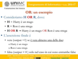 Unimc - Dipartimento di Economia e Diritto - Corso di Laurea in Economia: banche, aziende e mercati
© Francesco Ciclosi – Settembre 2016 CC-BY-SA 4.0 – Common Deed – Legal Code
Insegnamento di Informatica – a.a. 2016-17
OR: un esempio
 Consideriamo H OR R, dove:
• H = Harry è un mago
• R = Ron è una strega
• H OR R → Harry è un mago OR Ron è una strega
 L’asserzione finale è
• vera (output =1) se è vera almeno una delle due:
o Harry è un mago
o Ron è una strega
• falsa (output = 0 ) solo nel caso in cui sono entrambe false
 