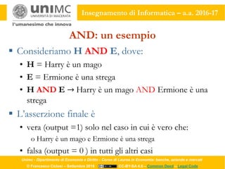 Unimc - Dipartimento di Economia e Diritto - Corso di Laurea in Economia: banche, aziende e mercati
© Francesco Ciclosi – Settembre 2016 CC-BY-SA 4.0 – Common Deed – Legal Code
Insegnamento di Informatica – a.a. 2016-17
AND: un esempio
 Consideriamo H AND E, dove:
• H = Harry è un mago
• E = Ermione è una strega
• H AND E → Harry è un mago AND Ermione è una
strega
 L’asserzione finale è
• vera (output =1) solo nel caso in cui è vero che:
o Harry è un mago e Ermione è una strega
• falsa (output = 0 ) in tutti gli altri casi
 