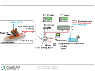Applied Medical Engineering Science,
Graduate School of Medicine
EEG PC
Temperature controlled bath
Pump
Infusion PumpSD Rat
Focal cooling device
INOUT
Power amp
PLC
Thermocouple
Conductor wire
Water line
Thermocouple
Electrode
Water (0oC)
Focal cooling device
(66mm)
Skull (SD rat)
Cerebral cortex
SD rat
Focal cooling device
Infusion
pump
Temperature controlled bath
Water pump
PL
C
Power amp
PC (ECoG) PC (temp.)
 