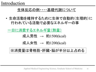 32Applied Medical Engineering Science, Graduate School of Medicine
Introduction
巴????AxˤĤ
? ӤS֤뤿Ԅӵģģ
ФƤӤǱҪʥͥ륮`
һդM륨ͥ륮
  s1500(kcal)
Ů  s1200(kcal)
MϹǸ?Ġ?×ռ
 