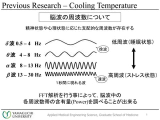 Applied Medical Engineering Science, Graduate School of Medicine 5
Previous Research C Cooling Temperature
×ܲˤĤ
״B״Bˏꤸ֧Ĥܲڤ
gˬF벨
d  0.5 C 4 Hz
q  4 C 8 Hz
a  8 C 13 Hz
b  13 C 30 Hz ܲȥ쥹״B
ܲ˯״B
FFTФ¤ˤäƣ×Ф
ܲκ(Power){٤뤳Ȥ
첨
ٲ
 