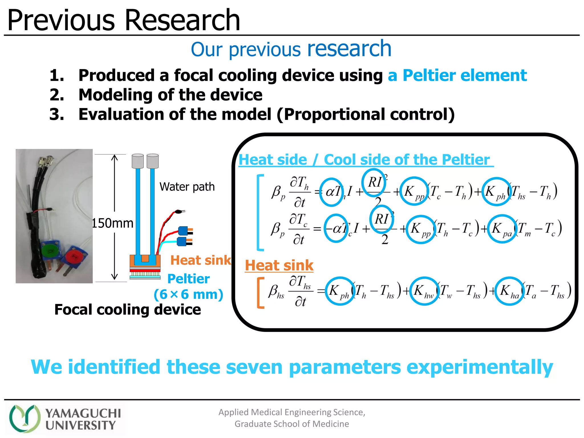 Previous Research
Applied Medical Engineering Science,
Graduate School of Medicine
1. Produced a focal cooling device using a Peltier element
2. Modeling of the device
3. Evaluation of the model (Proportional control)
Our previous research
Heat sink
Peltier
(6×6 mm)
150mm
Water path
Focal cooling device
Heat side / Cool side of the Peltier
Heat sink
We identified these seven parameters experimentally
 