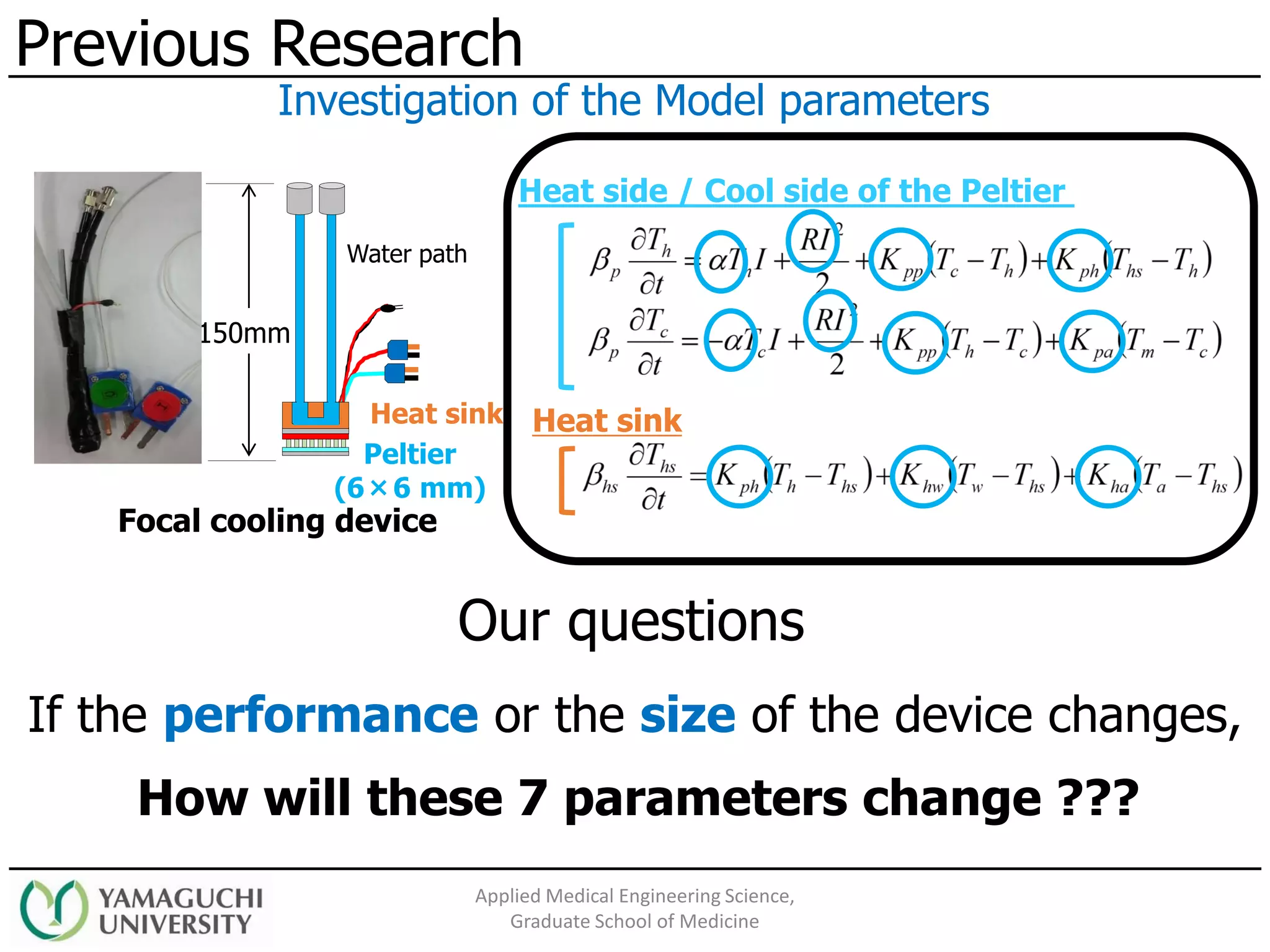 Previous Research
Applied Medical Engineering Science,
Graduate School of Medicine
Investigation of the Model parameters
Heat side / Cool side of the Peltier
Heat sinkHeat sink
Peltier
(6×6 mm)
150mm
Water path
Focal cooling device
Our questions
If the performance or the size of the device changes,
How will these 7 parameters change ???
 