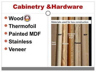 Cabinetry &Hardware
Wood
Thermofoil
Painted MDF
Stainless
Veneer
Materials used for box construction
 