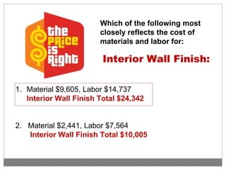 Which of the following most
closely reflects the cost of
materials and labor for:
Interior Wall Finish:
1. Material $9,605, Labor $14,737
Interior Wall Finish Total $24,342
2. Material $2,441, Labor $7,564
Interior Wall Finish Total $10,005
 