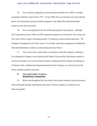 14
49. Eros’s business originated as Eros International Media Ltd. (“EIM”), an Indian
corporation started by Arjan Lulla in 1977. In June 2006, Eros was formed to act as the ultimate
parent of an international group of related companies in the Indian film and entertainment
business run by the Lulla family.
50. Eros is incorporated in the Isle of Man principally for tax purposes. Although
Eros’s principal executive offices for SEC registration purposes are in Secaucus, New Jersey, the
New Jersey office is small, with approximately 12 employees, and has limited operations. The
Company’s headquarters and “nerve center” is in London, and senior management, including the
Individual Defendants, worked in London during the Class Period.
51. Eros is now run by Arjan Lulla’s son, Kishore Lulla, the Company’s Chairman.
Even though the Company is now publicly held, Kishore Lulla and the Lulla family continue to
run Eros as though it were a private family business, employing family members (including two
of Kishore Lulla’s children) and channeling funds from the Company to a wide circle of Lulla
family members and their associates.
B. The Lulla Family’s Extensive
Related-Party Transactions
52. Before and throughout the Class Period, these family members enjoyed enormous
financial benefits through related-party transactions with the Company, as reflected in the
following graphic:
Case 1:15-cv-08956-AJN Document 68 Filed 10/10/16 Page 18 of 122
 