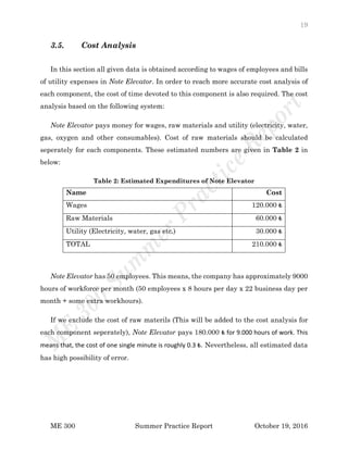 19
ME 300 Summer Practice Report October 19, 2016
3.5. Cost Analysis
In this section all given data is obtained according to wages of employees and bills
of utility expenses in Note Elevator. In order to reach more accurate cost analysis of
each component, the cost of time devoted to this component is also required. The cost
analysis based on the following system:
Note Elevator pays money for wages, raw materials and utility (electricity, water,
gas, oxygen and other consumables). Cost of raw materials should be calculated
seperately for each components. These estimated numbers are given in Table 2 in
below:
Table 2: Estimated Expenditures of Note Elevator
Name Cost
Wages 120.000 ₺
Raw Materials 60.000 ₺
Utility (Electricity, water, gas etc.) 30.000 ₺
TOTAL 210.000 ₺
Note Elevator has 50 employees. This means, the company has approximately 9000
hours of workforce per month (50 employees x 8 hours per day x 22 business day per
month + some extra workhours).
If we exclude the cost of raw materils (This will be added to the cost analysis for
each component seperately), Note Elevator pays 180.000 ₺ for 9.000 hours of work. This
means that, the cost of one single minute is roughly 0.3 ₺. Nevertheless, all estimated data
has high possibility of error.
 