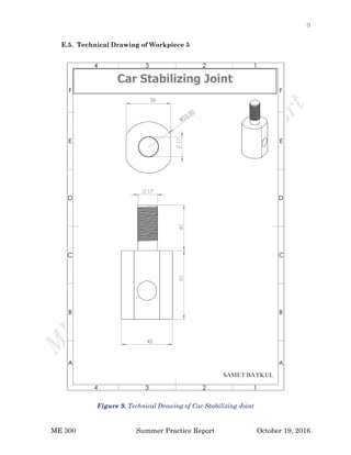 9
ME 300 Summer Practice Report October 19, 2016
E.5. Technical Drawing of Workpiece 5
Car Stabilizing Joint
Figure 9. Technical Drawing of Car Stabilizing Joint
 